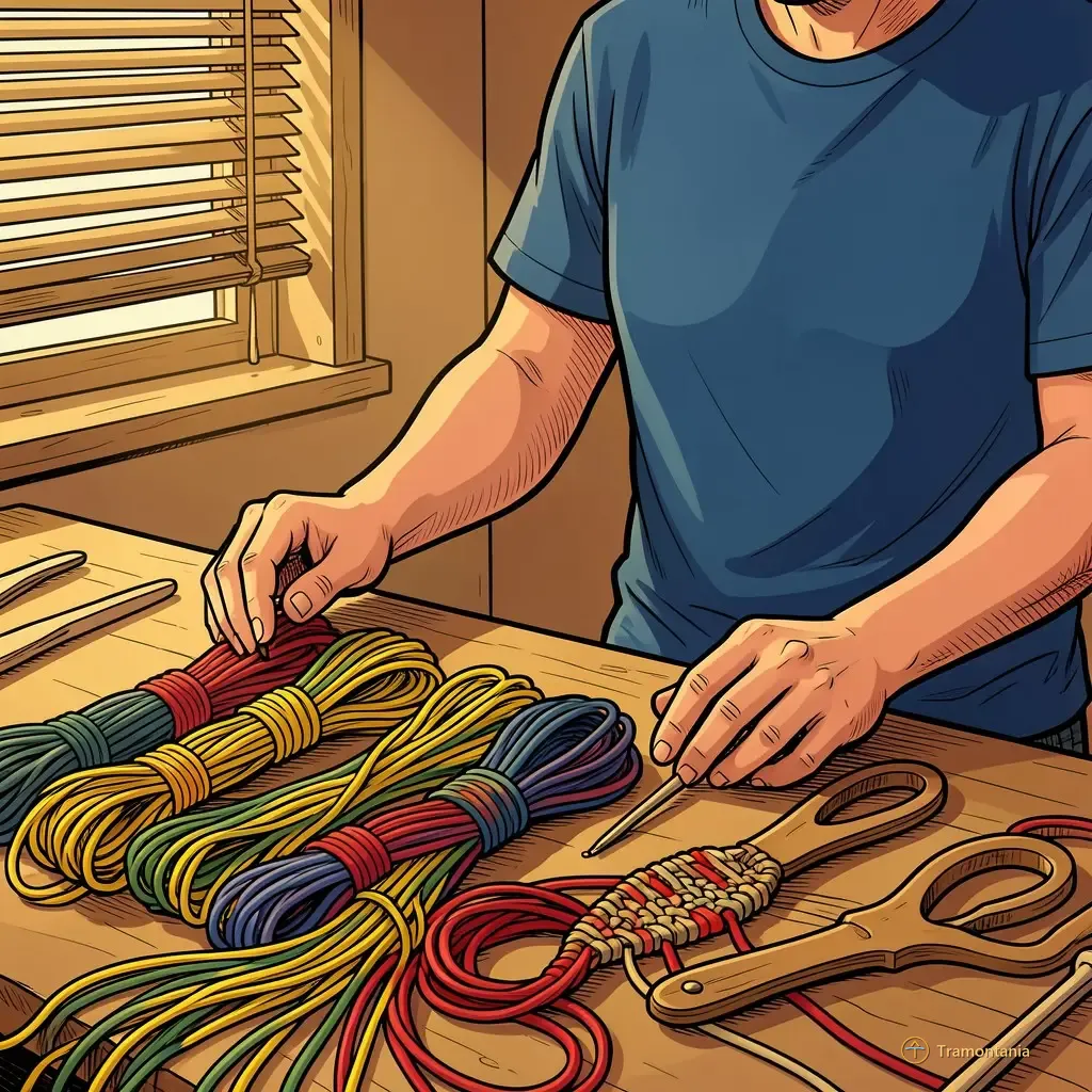 A close-up shot, taken from a slightly elevated angle, focusing on several small bundles of colorful cotton cords laid out neatly next to various wooden macramé tools. The background shows the warm interior corner of an artisan workshop with diffused natural light entering through a window blind (visible texture only).