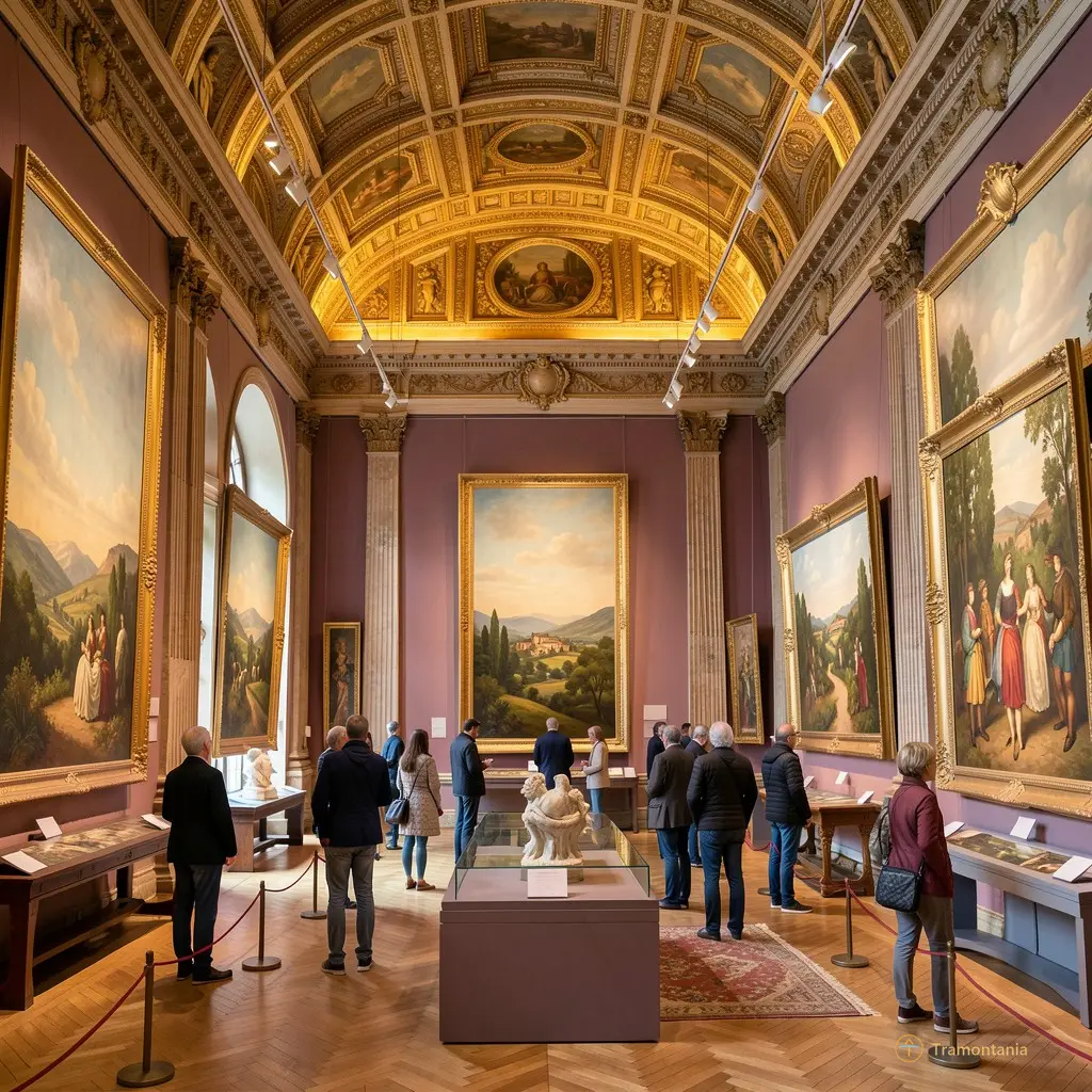 Wide shot of the interior of Musée Hyacinthe Rigaud with visitors observing landscape paintings from Roussillon