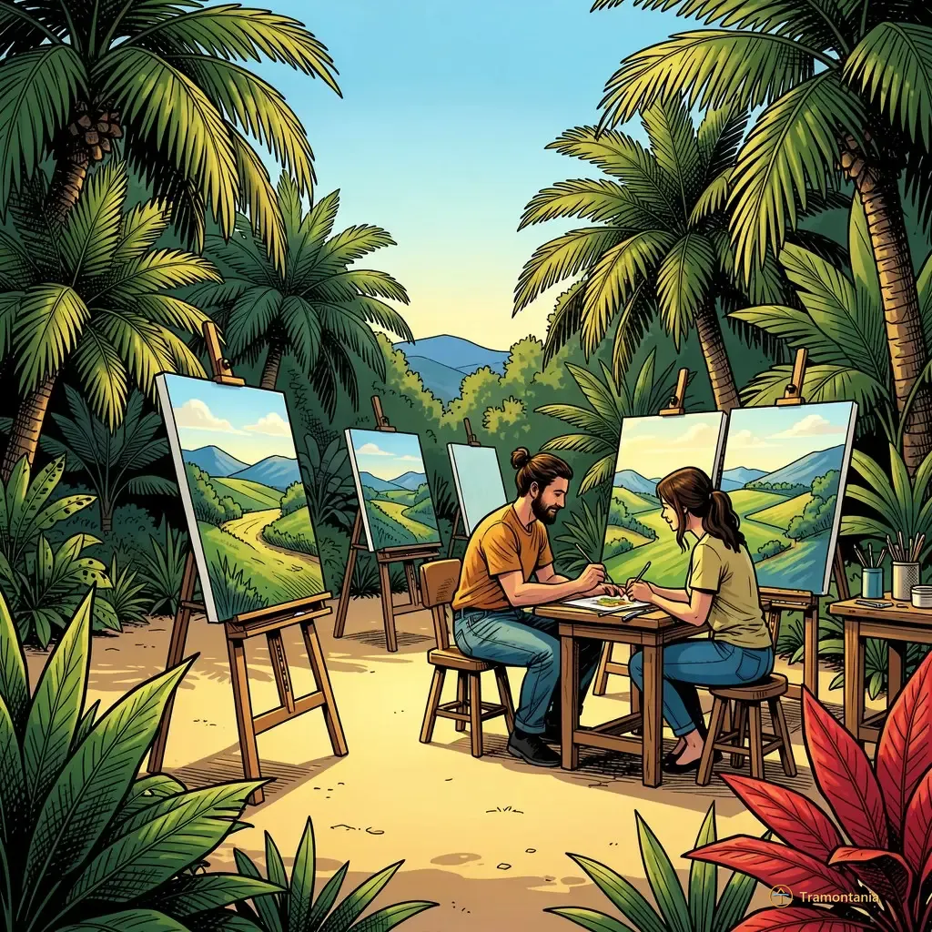 Plusieurs chevalets supportent des toiles peignant des paysages aux tons verts et bleus dans un atelier extérieur aménagé en jardin subtropical