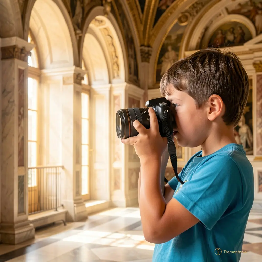 Un enfant concentré tenant son appareil photo à deux mains, regardant par la visée vers un détail architectural lumineux du palais