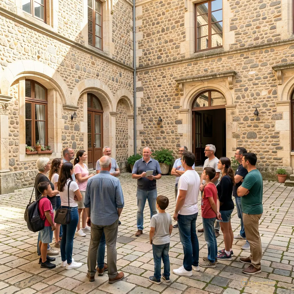 Une photo d'ambiance montrant un petit groupe attentif autour d'un guide ou animateur dans une cour intérieure pavée du Palais, avec des murs en cayroux et galets visibles