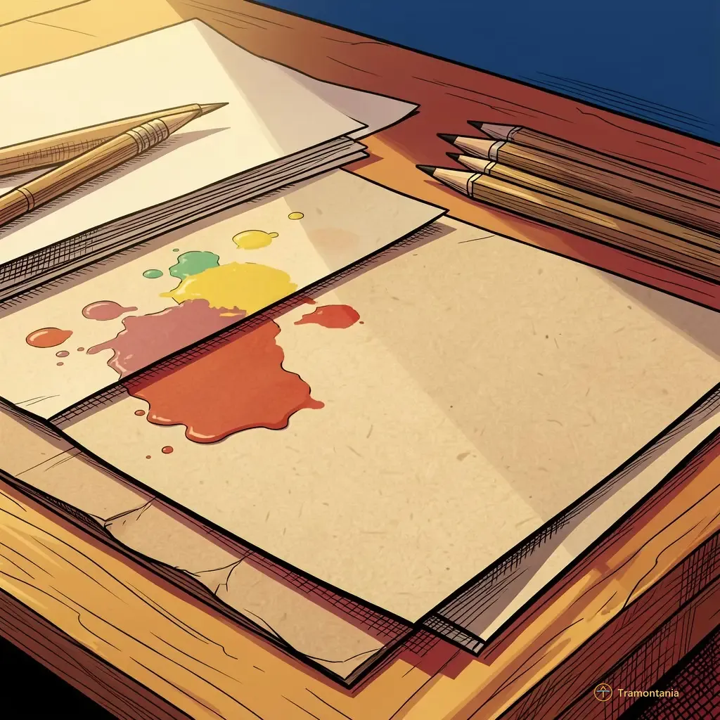 Des feuilles de papier texturé aux tons terreux, des encres éparpillées et divers outils de dessin sont visibles