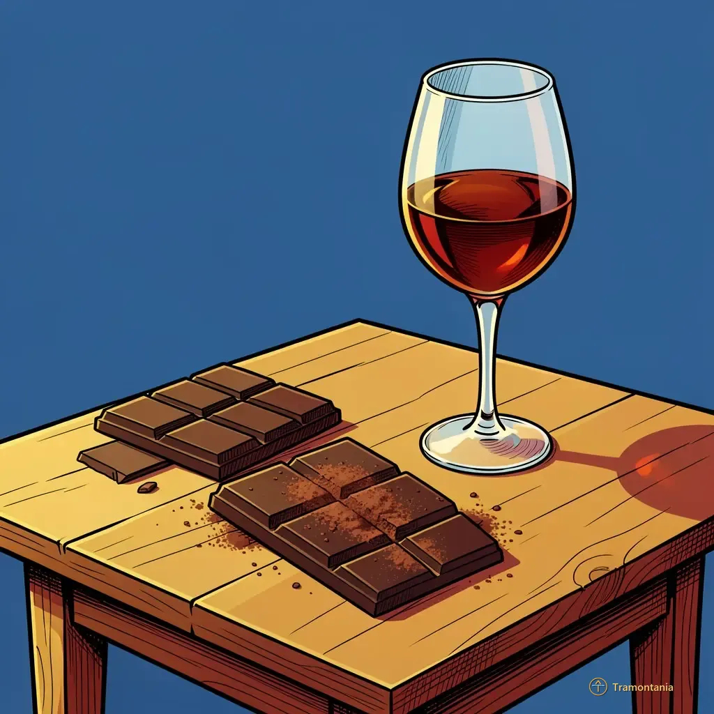 Une petite table présente trois sortes de chocolats noirs et deux verres remplis d'un liquide ambré profond