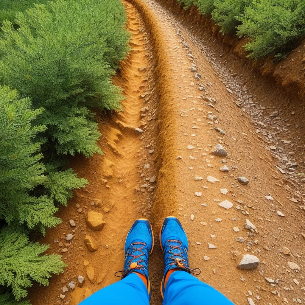 Gros plan sur des chaussures de trail usées, boue sèche sur les semelles, posées sur un sentier de terre ocre, arrière-plan flou de vignes vertes et de ciel bleu vif