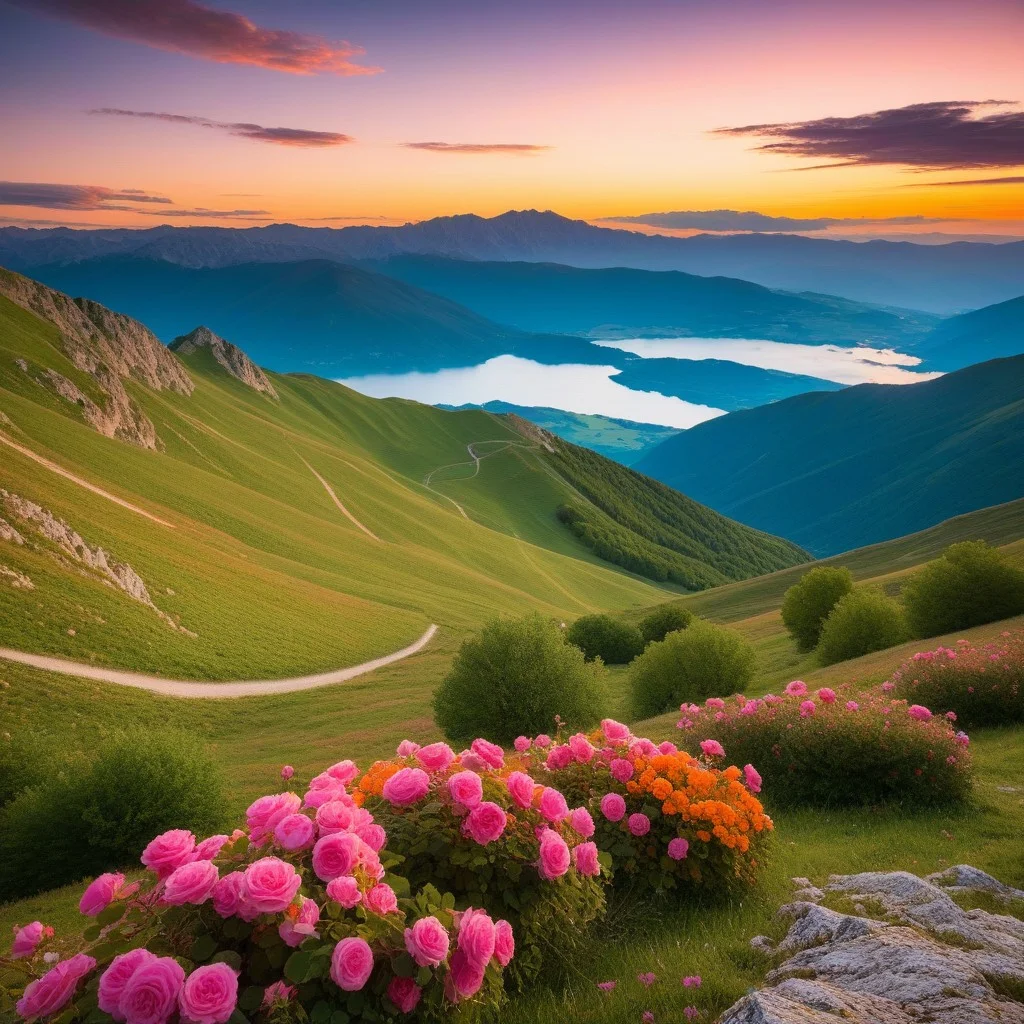 Traileur sur une crête des Pyrénées au coucher du soleil, vue plongeante sur une vallée verdoyante, nuages roses et orange, atmosphère paisible et contemplative