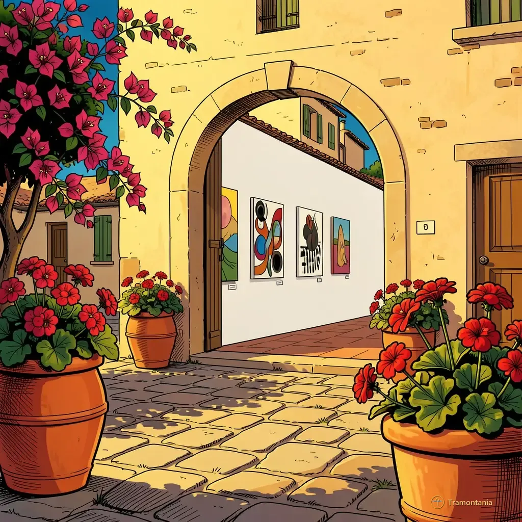 Une rue pittoresque du village méditerranéen montre un chemin pavé et plusieurs toiles modernes exposées dans une cour intérieure