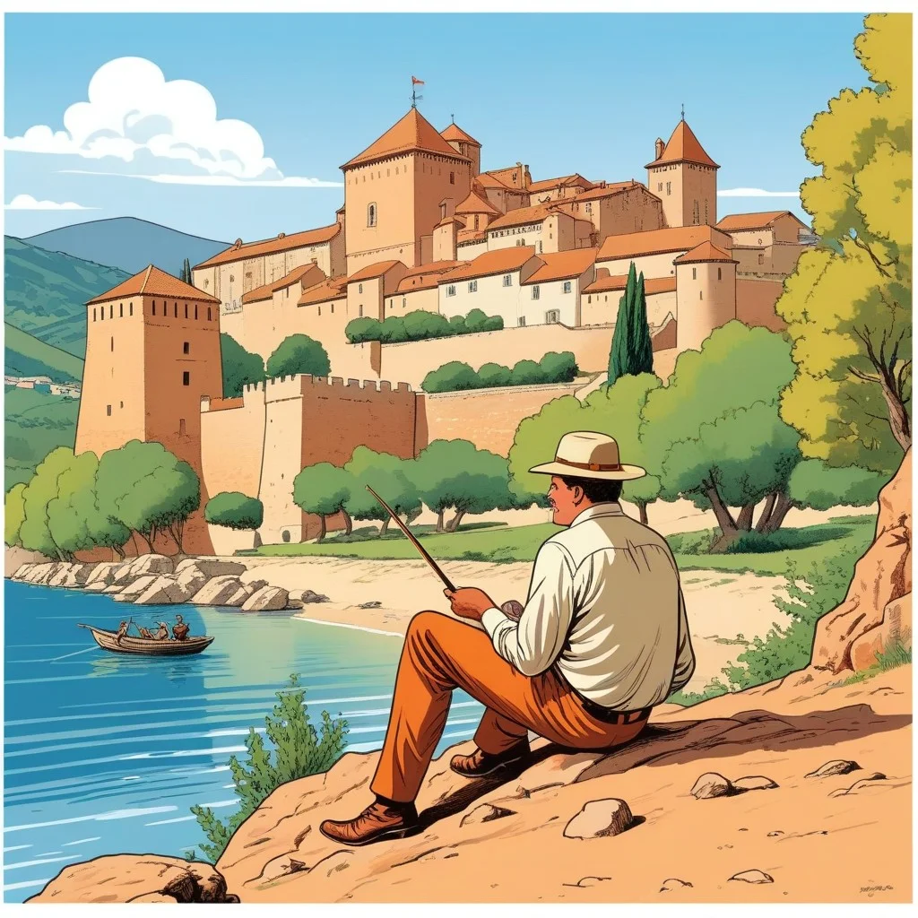 Illustration BD au style rétro et coloré, montrant un pêcheur assis sur une pierre, le regard perdu dans le lointain, sa canne posée devant lui. Derrière lui, on devine les toits caractéristiques du village de Bages et le château, dessinés avec des lignes simples et des aplats de couleurs chaudes (ocre, terracotta). Une bulle de pensée montre un poisson qui sourit mystérieusement. Le style est chaleureux, avec une touche d'humour douce.