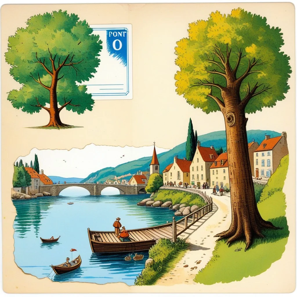 Collage drôle et rétro montrant une vieille carte de Baho, avec des flèches pointant vers des "points d'observation" imaginaires (un banc, un arbre, un pont). Des petites vignettes d'oiseaux dessinés à la main entourent le village. Une bulle de dialogue dit : "Ici, la mer n'est jamais loin, même quand on ne la voit pas."