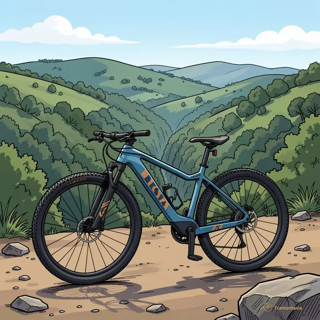 Nino, l'âne de Tramontania — Un vélo tout-terrain est garé sur un point de vue surplombant une vallée boisée vallonnée sous la lumière du jour