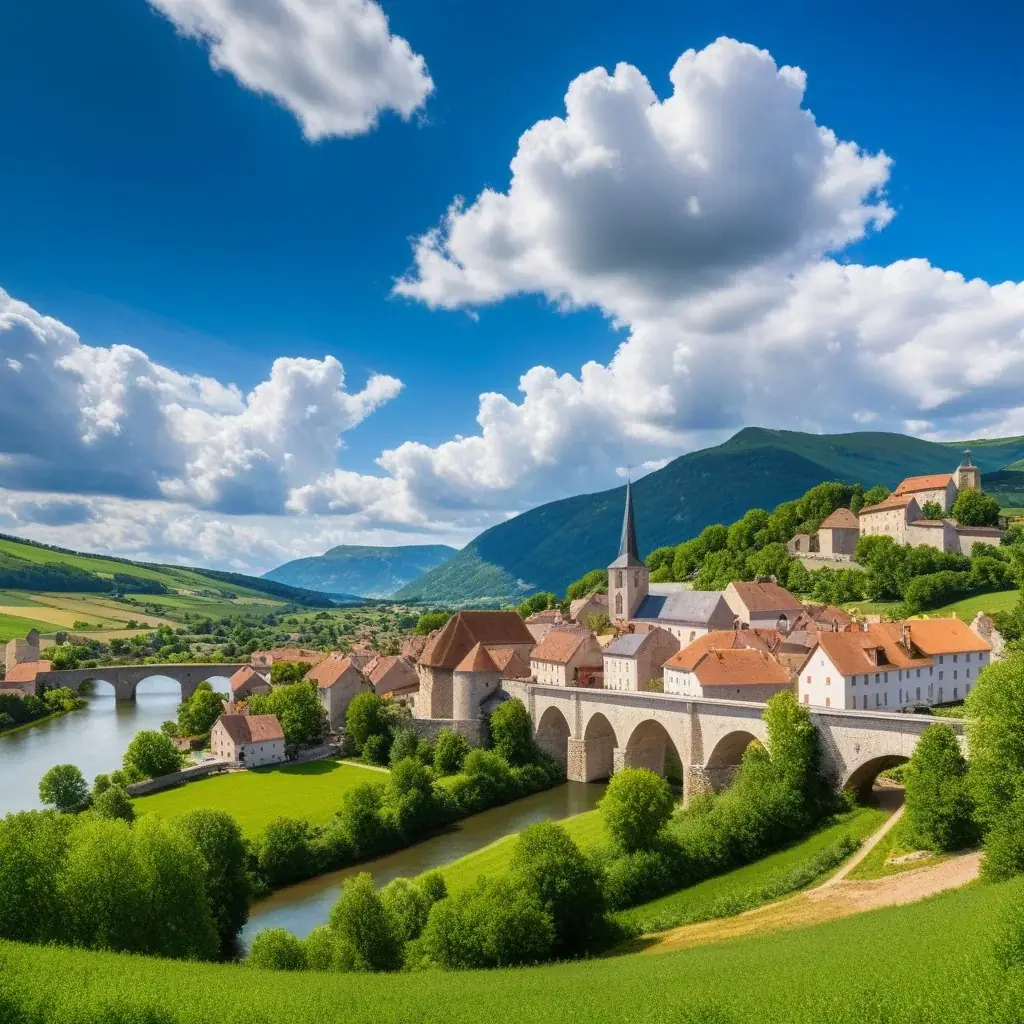 Vue panoramique large depuis un point haut dominant Baillestavy, montrant le vieux pont médiéval étroit reliant les deux parties du village, avec des nuages cumulus blancs et denses s'accumulant sur les sommets lointains