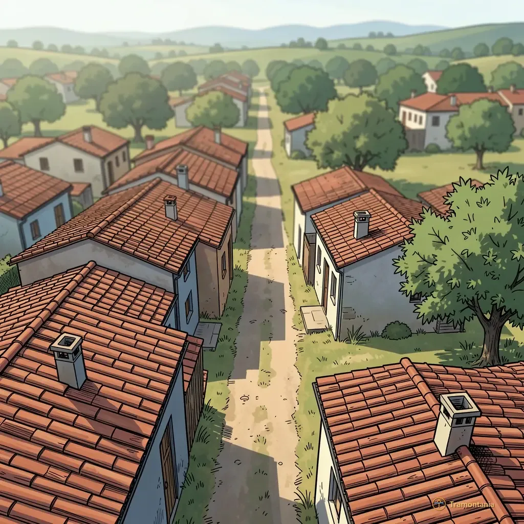 Nino, l'âne de Tramontania — Des toits d'argile regroupés autour de chemins de terre menant vers des vergers dispersés sous une douce lumière de fin d'après-midi