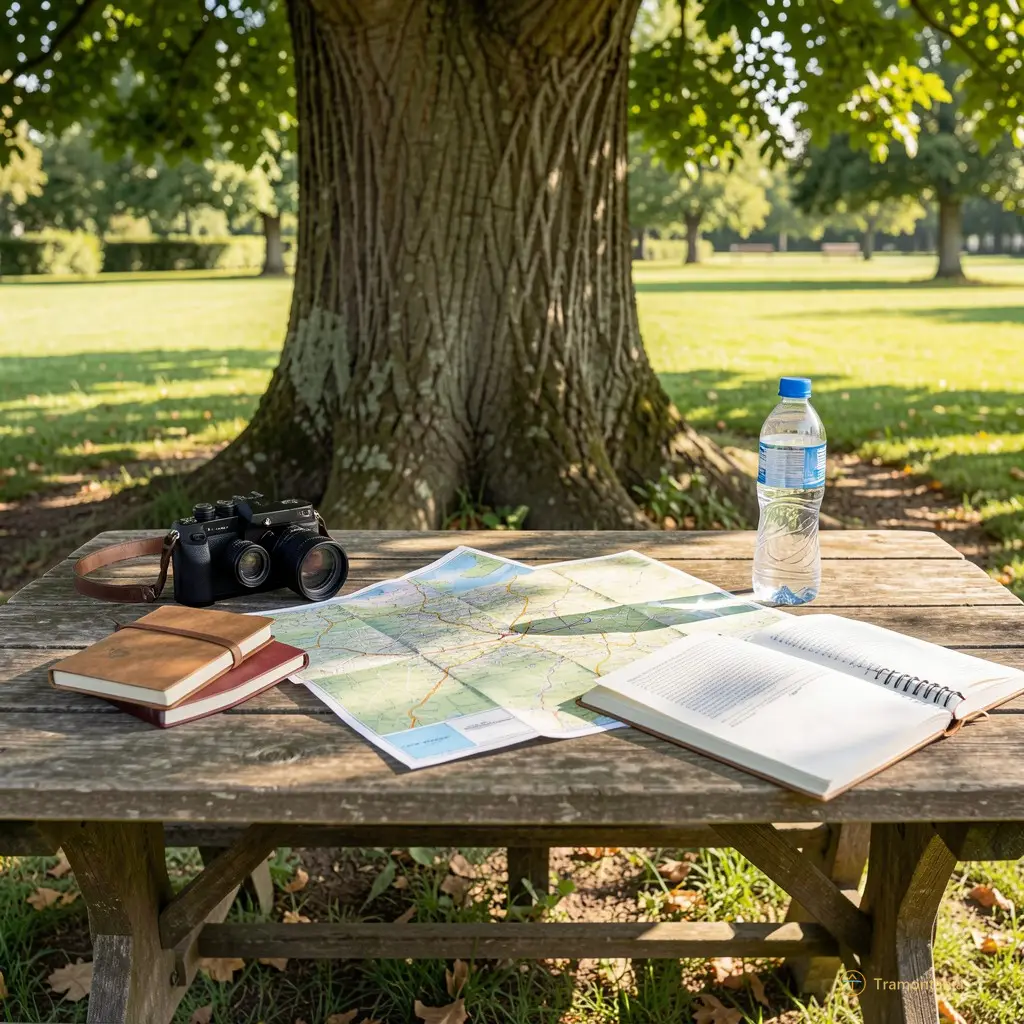 Une table en bois posée sous un platane, avec deux jumelles, une carte routière dépliée, trois carnets ouverts et une bouteille d’eau. Le soleil éclaire les pages comme s’il lisait aussi.