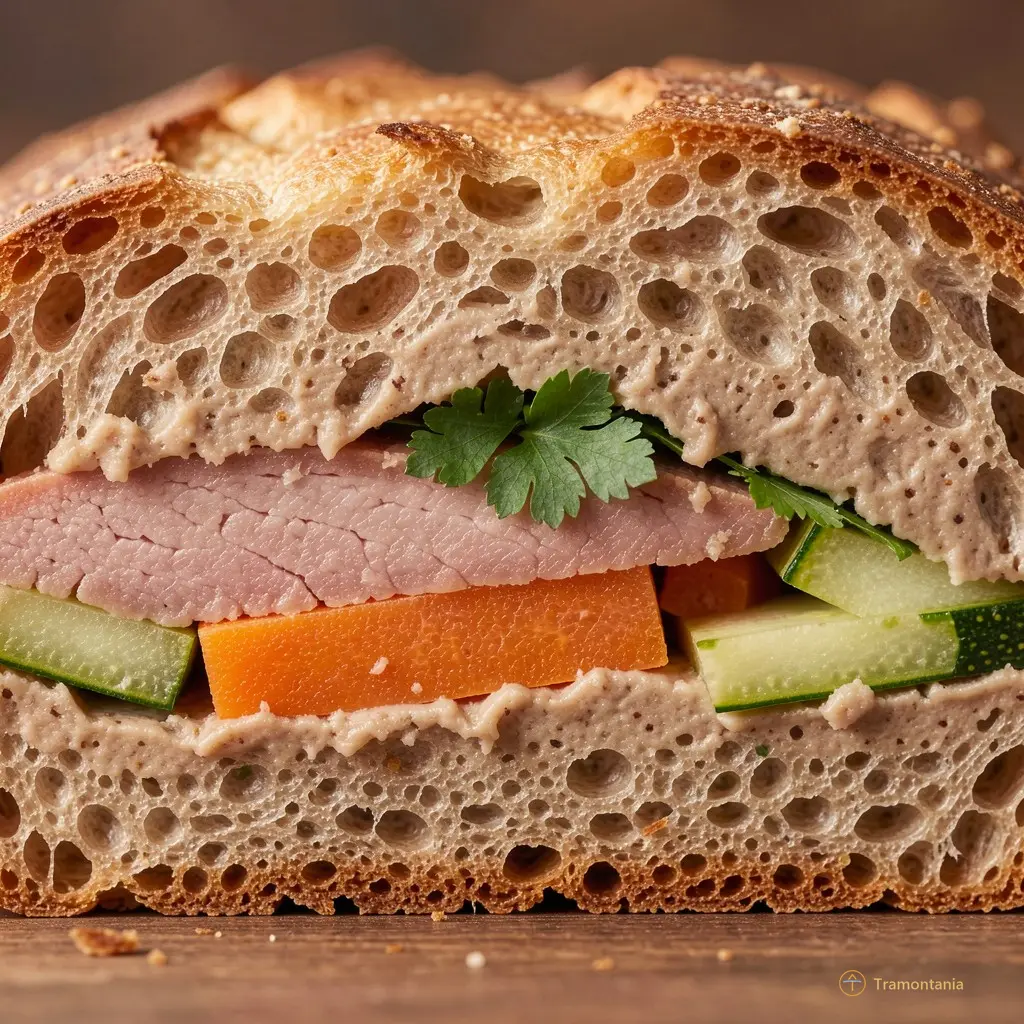Détail de la coupe transversale : couches distinctes — pain croustillant, pâté beige, viande rose translucide, carotte orangée, courgette verte, coriandre entière. Pas une goutte de sauce débordante.