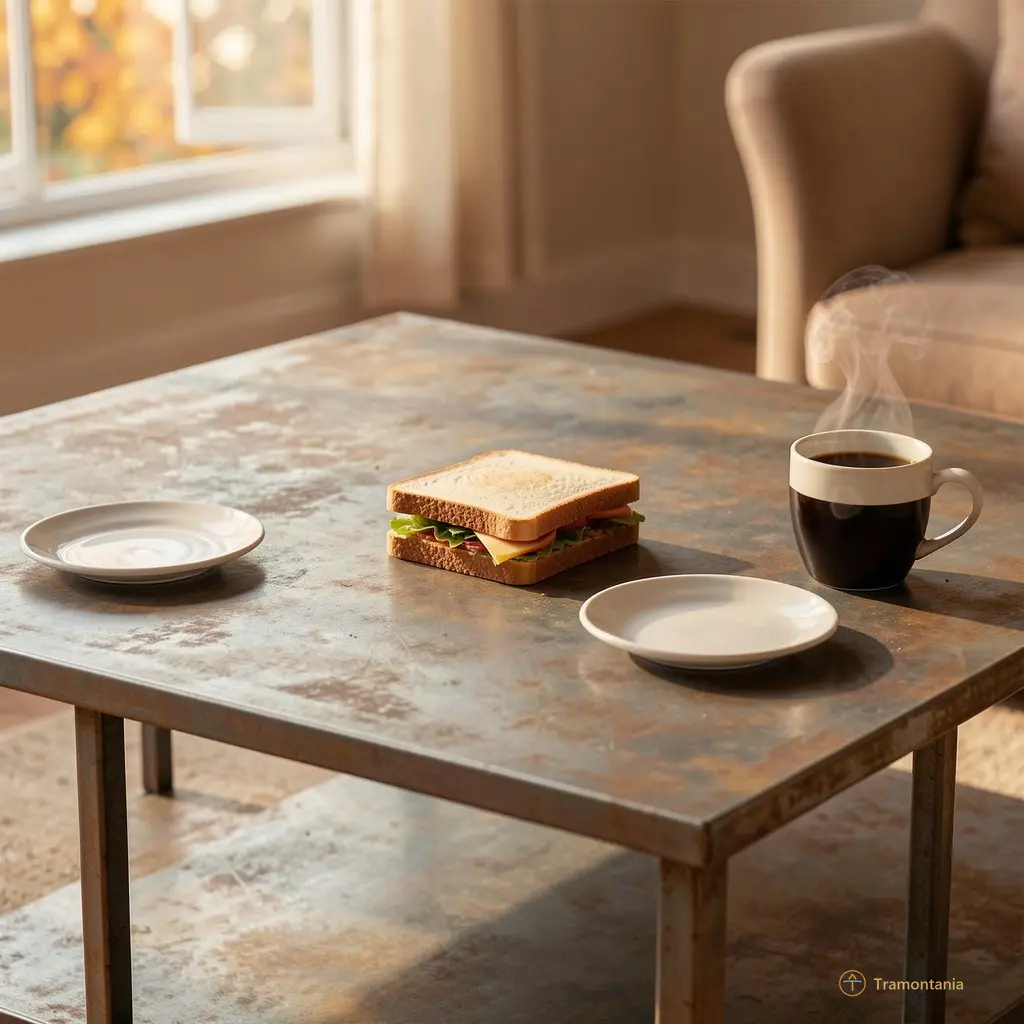 Table basse en métal patiné, un seul sandwich posé au centre, deux assiettes vides à droite et à gauche, tasse de café noir fumant légèrement sur le bord droit — lumière douce d’un après-midi d’automne.