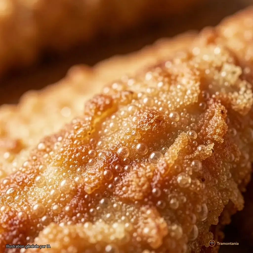 A close view of the crusty edge of one piece, showing crisp texture and tiny bubbles formed during frying — no steam, no motion blur, just dry heat captured in stillness.