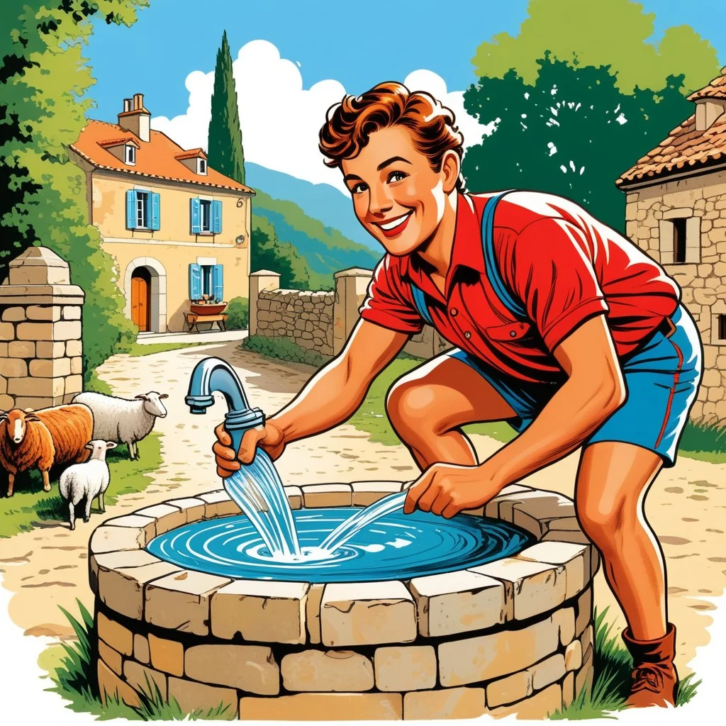 Illustration BD style rétro, couleurs chaudes et saturées. Un coureur souriant, les joues rouges, s'arrête pour s'hydrater à une fontaine en pierre ancienne. À côté de lui, un berger catalan regarde son troupeau de moutons avec un air amusé. En arrière-plan, une carte ancienne du Roussillon est déployée, montrant des routes romaines. Une bulle de dialogue du berger dit : "Ici, on ne triche pas avec la météo, mais on peut toujours prendre un verre de jus de raisin."