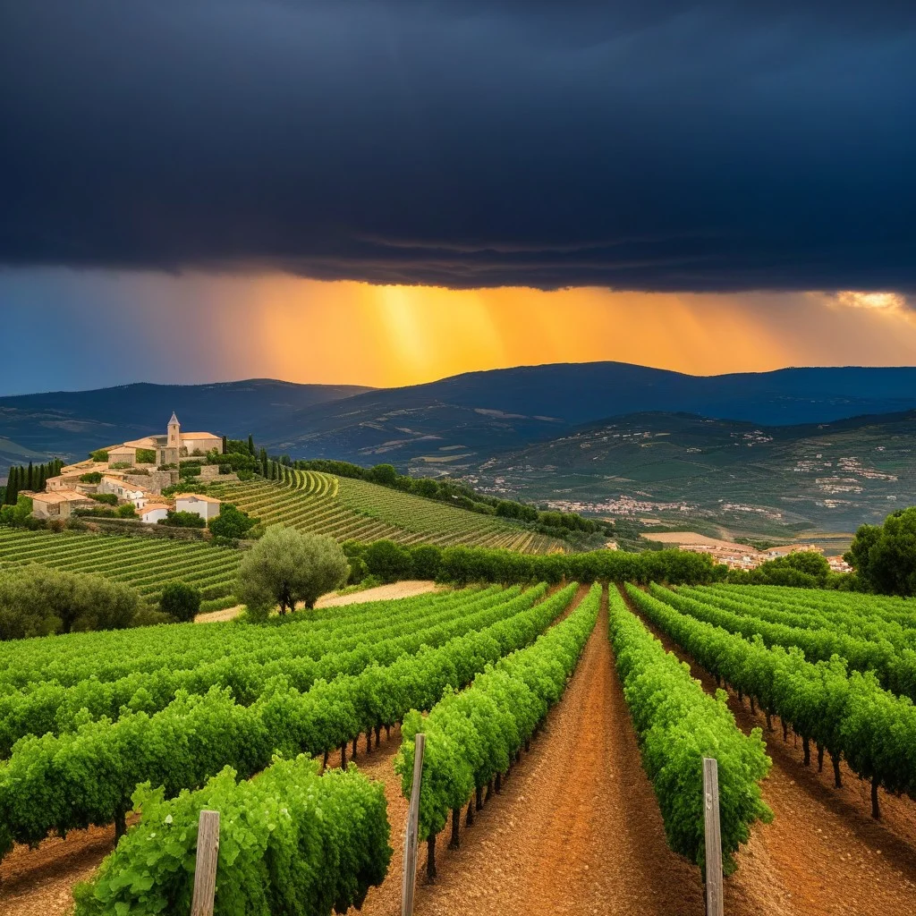 Photo réaliste et dramatique d'un ciel d'orage se formant au-dessus de la plaine, contrastant avec le soleil qui éclaire encore le village de Banyuls-dels-Aspres. Au premier plan, des jumelles anciennes et usées sont posées sur un rocher, suggérant l'observation attentive de la météo par un coureur prudent. L'atmosphère est tendue mais belle, avec des éclairs lointains.