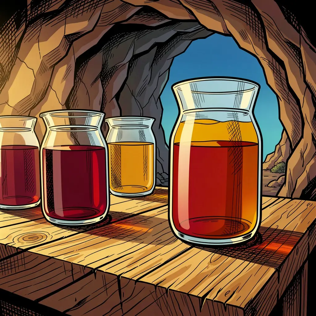 Nino, l'âne de Tramontania — Divers contenants en verre remplis de liquides rouges et ambrés reposent sur une table en bois brut dans la grotte
