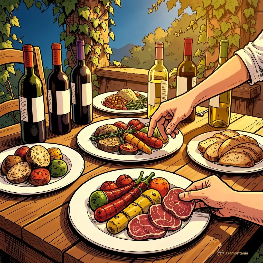 Nino, l'âne de Tramontania — Une table en bois rustique est dressée pour un déjeuner, présentant diverses assiettes colorées de plats catalans locaux et plusieurs bouteilles de vin