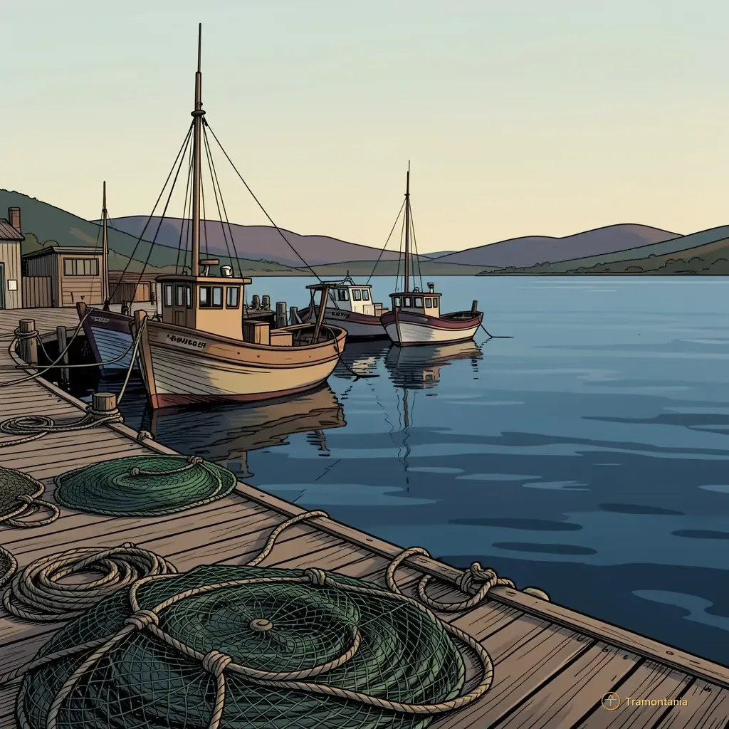 Un petit quai de travail montre des bateaux amarrés et des filets de pêche près du bord de l'eau