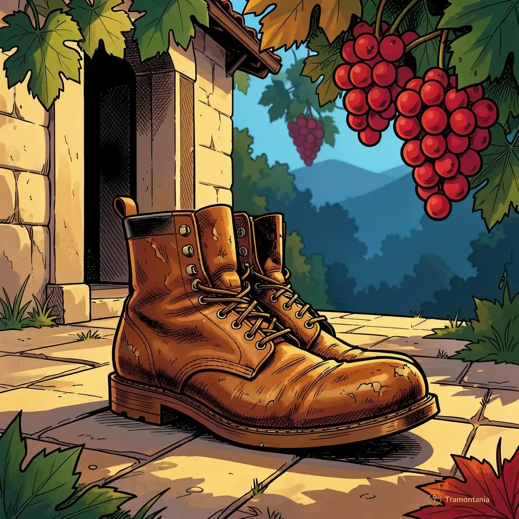 Nino, l'âne de Tramontania — Une paire de bottes en cuir usées repose sur une allée de pierre bordant l'entrée latérale d'une vieille bâtisse