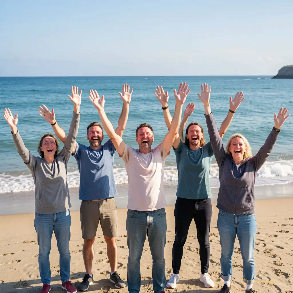 Groupe de cinq personnes qui viennent d’achever le circuit, bras tendus vers le ciel, rires libres, visages rouges mais apaisés. La mer se retire lentement derrière eux.