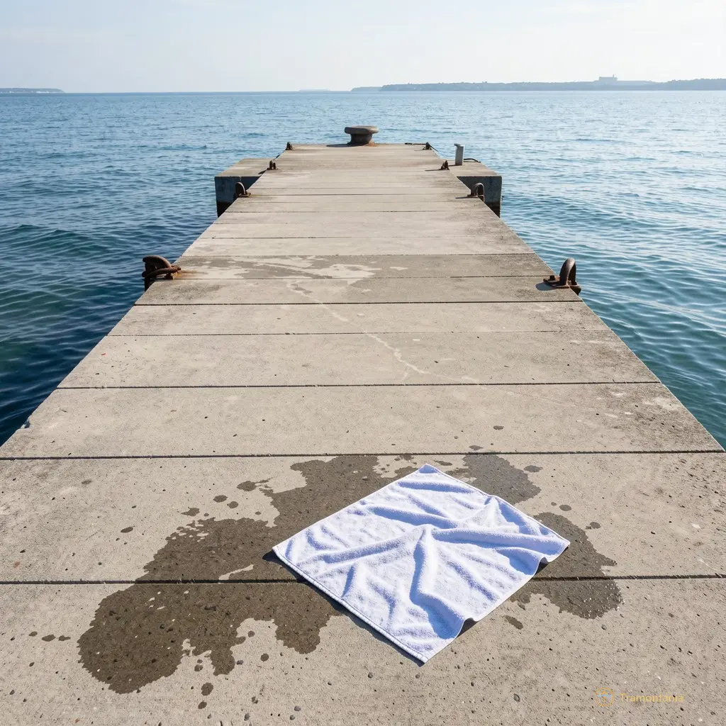 Vue plongeante sur la jetée vide après le départ, une seule serviette oubliée au sol, encore humide.