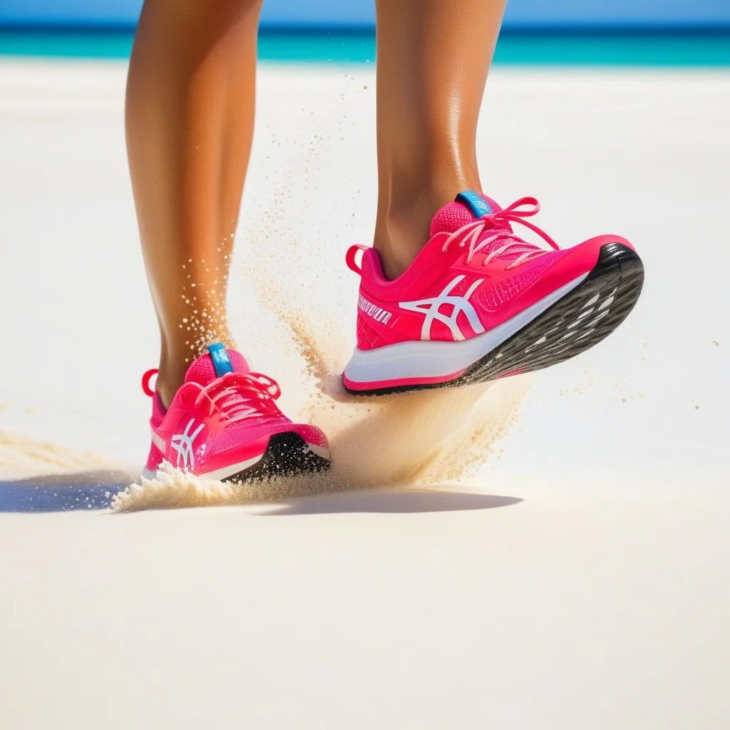 Close-up of athletic feet in colorful water shoes kicking up fine white sand during a high-intensity movement, focus on the texture of the sand and the motion blur of the legs, conveying speed and effort.