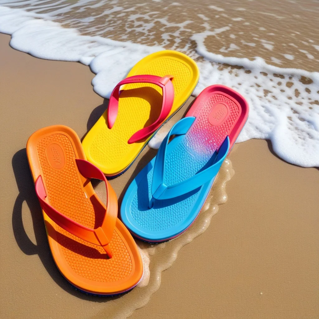 Detail shot of a pair of colorful water sandals resting on the wet sand near the water's edge, with a small splash of water frozen in time, bright summer colors and a feeling of freshness and readiness for action.