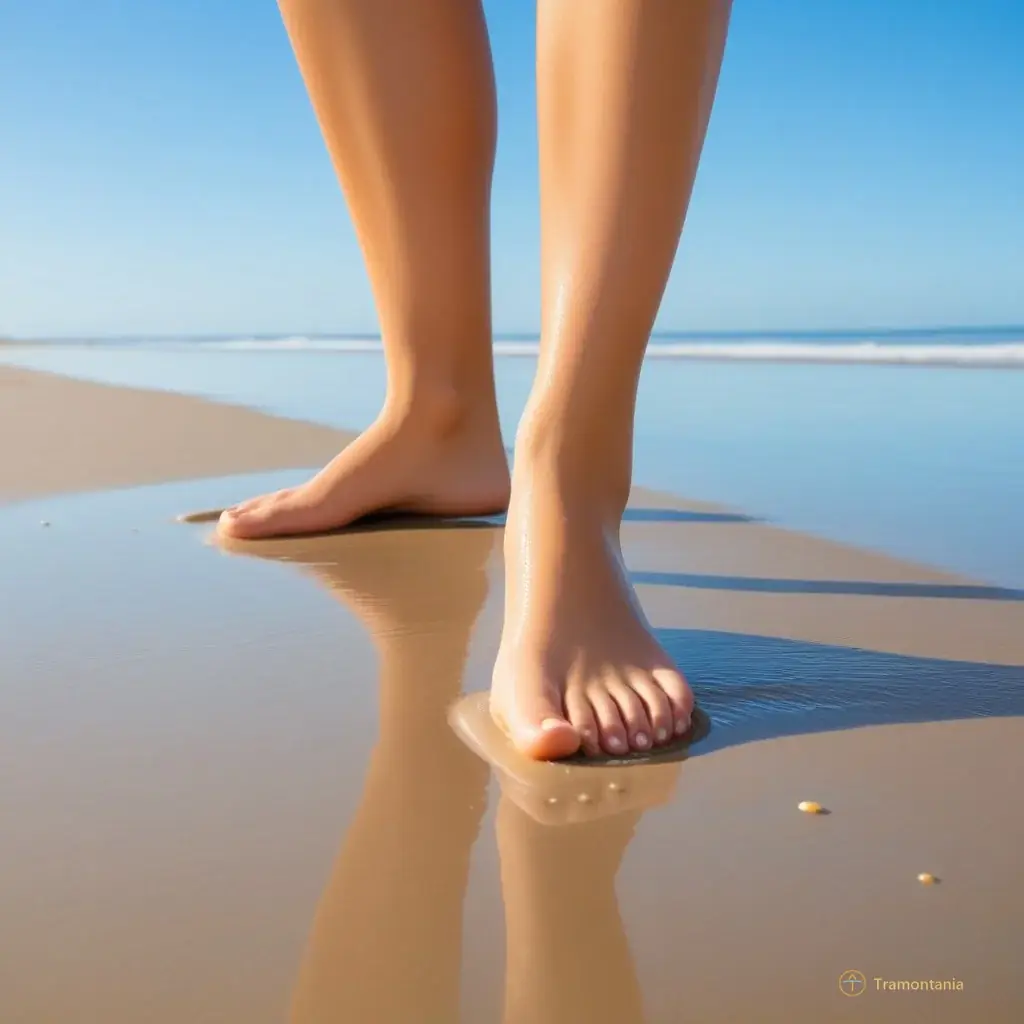 Close-up detail of bare feet on wet sand near the tide line; minimalist composition with soft blue sky in background and warm beige tones, evoking tranquility.