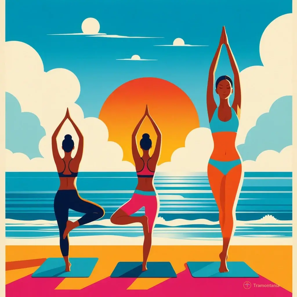 Illustration in a retro poster style; bold colors contrasting with the sea and sky, featuring abstract shapes of yoga poses to convey energy and relaxation.