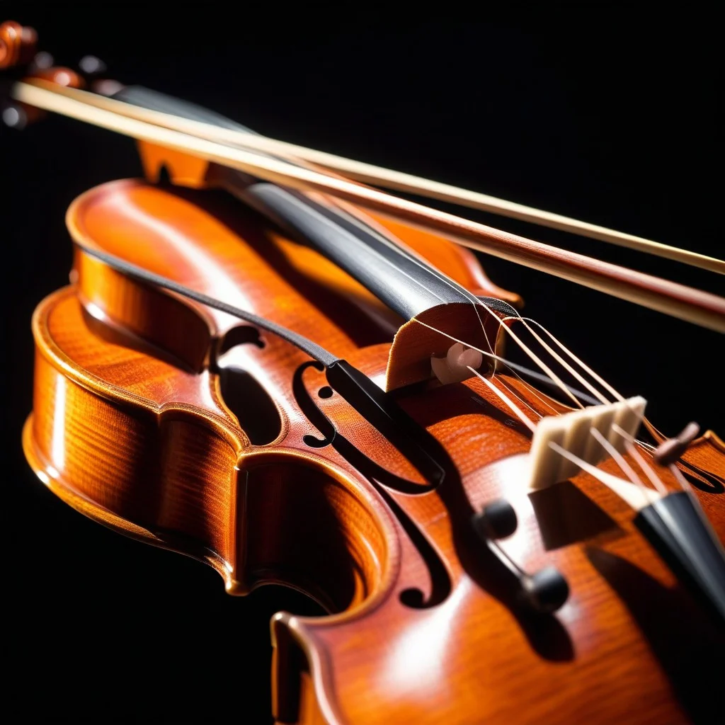 Detail shot of a violin bow striking strings with intense force, motion blur on the bow, dramatic side lighting highlighting the wood grain and rosin dust in the air, high contrast, energetic and raw.