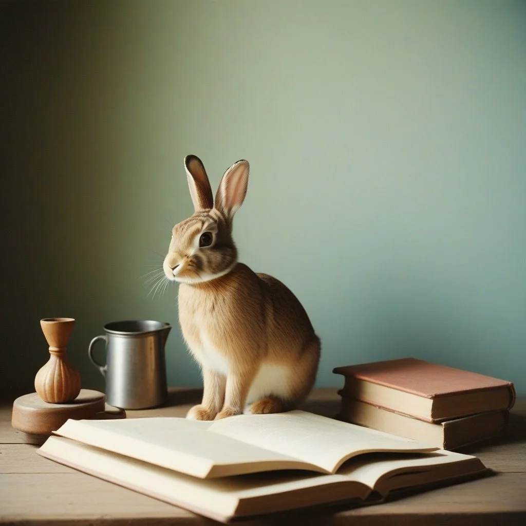 Un livre d’enfant ancien, aux pages jaunies, ouvert à une illustration colorée d’un lapin qui tient un biberon — les couleurs écaillées, le papier déchiré au coin. Une petite cuillère en bois repose à côté, usée par des années de nourrissage.