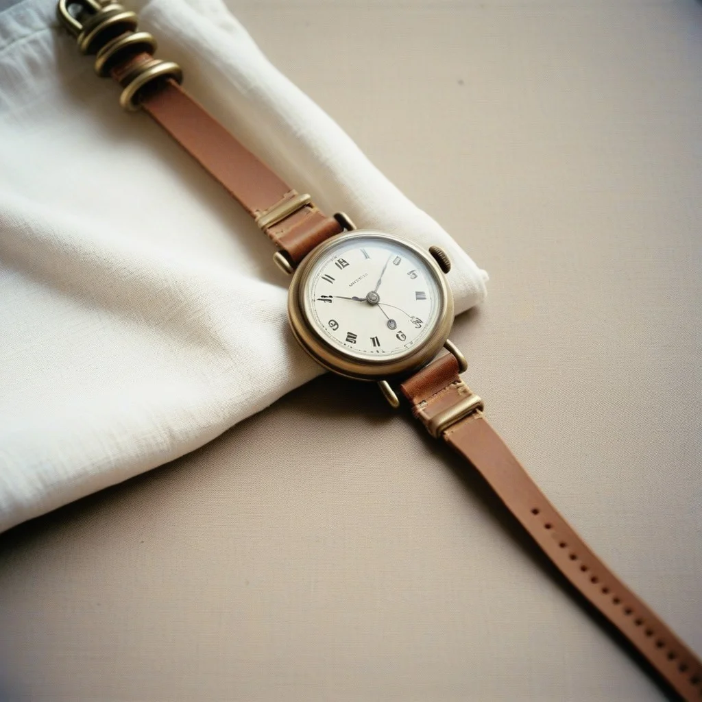 Une vieille montre de poche en cuivre, arrêtée à 3h14, posée sur un morceau de tissu blanc, avec une petite trace de lait séché dessus. Le cordon est usé, presque rompu.