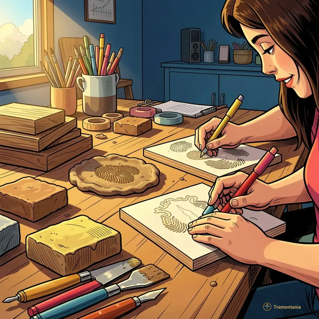 Des mains modèlent délicatement l'argile humide tandis qu'une autre dessine des motifs au pastel sur du bois dans un atelier aménagé