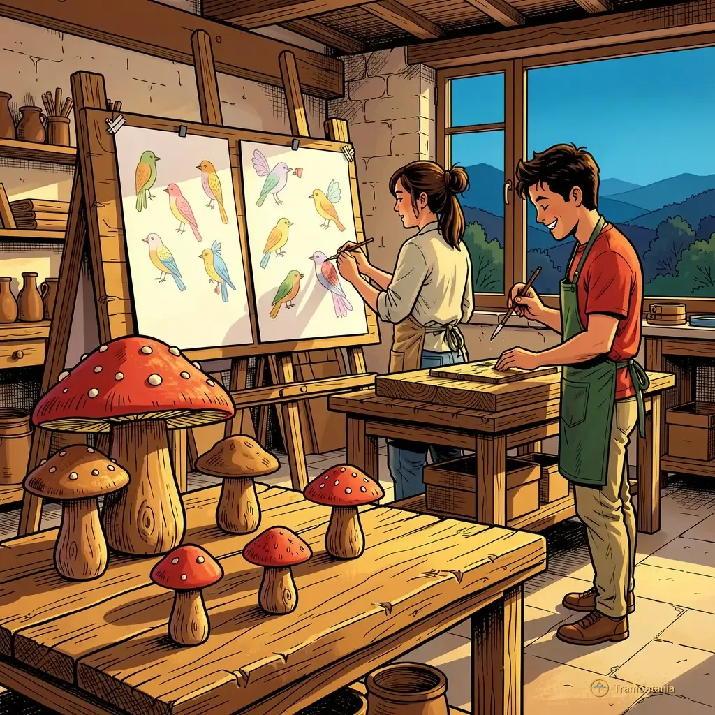 Des champignons sculptés et petits modèles en argile reposent sur des tables rustiques devant des dessins au pastel accrochés à un chevalet