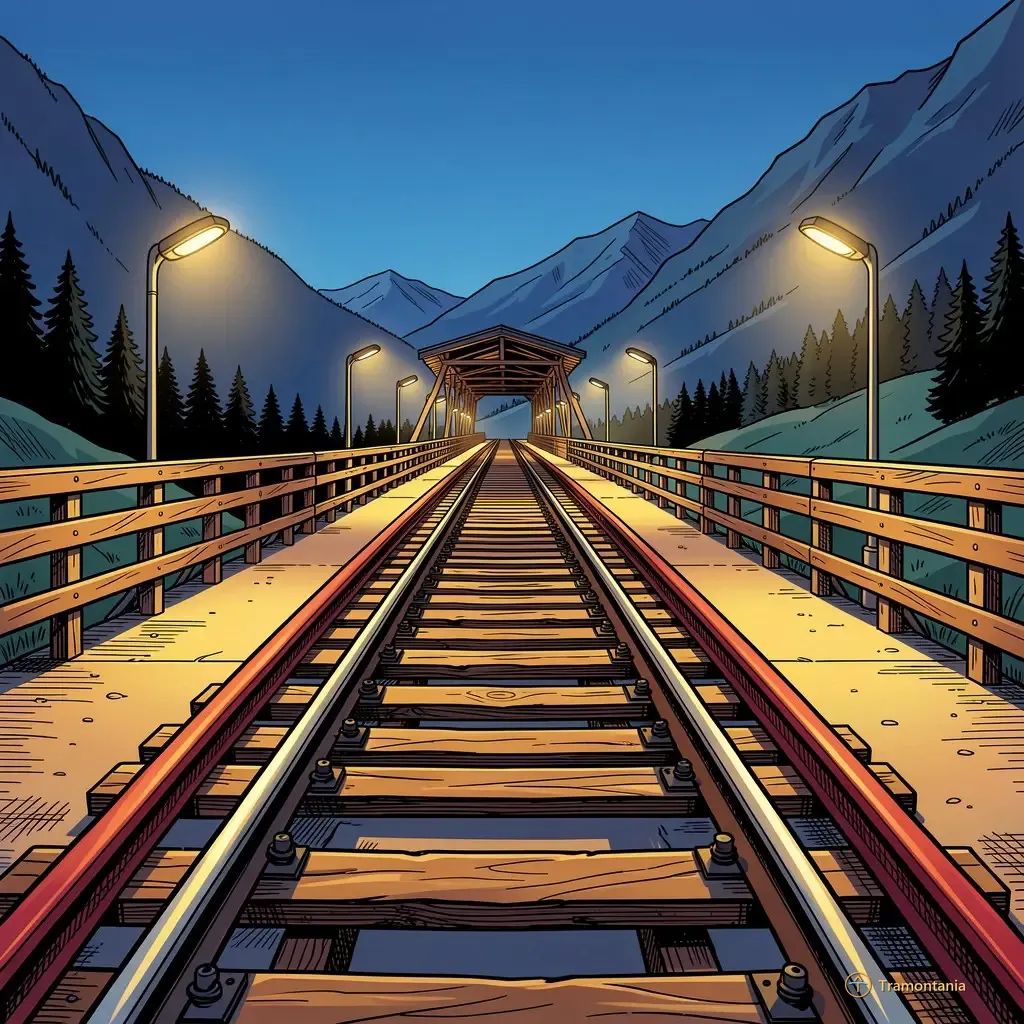 Les rails structurés et éléments en bois de la piste de luge à Bolquère montrent une infrastructure prête pour l'utilisation nocturne sous un ciel profond