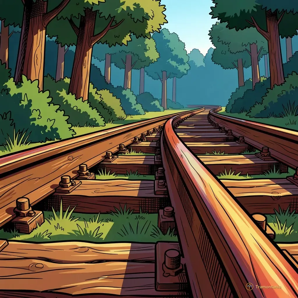 Une structure en rails et ses voies sont vues depuis le sol dans une clairière forestière au milieu du feuillage vert profond