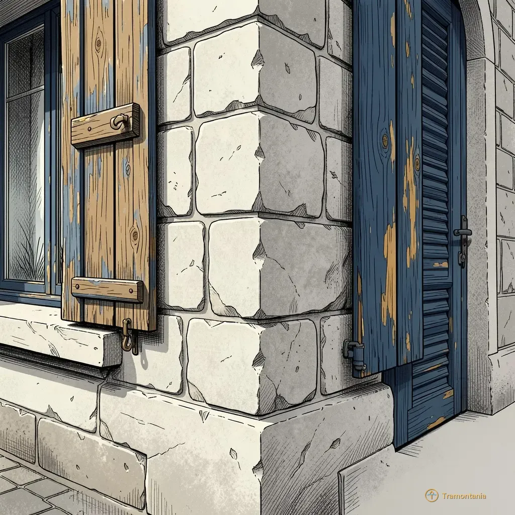 Un coin de mur en pierre taillée et un volet en bois patiné présentent les textures riches du matériau avec des accents bleu profond et ocre