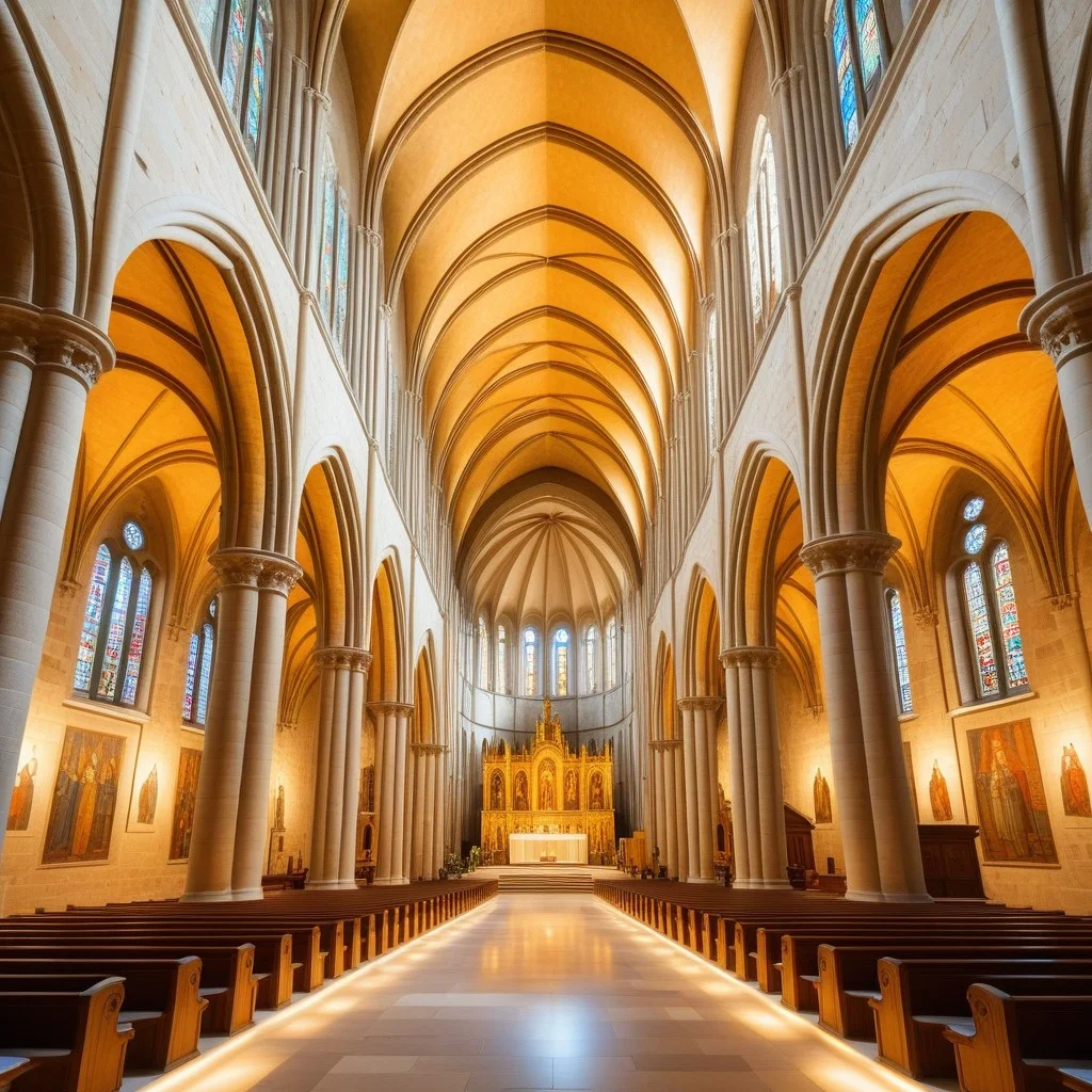 A wide-angle view of a Romanesque church nave with stone walls, where large-scale projections of medieval paintings and architectural details are cast onto the surfaces, creating a surreal, immersive atmosphere with soft, golden lighting.
