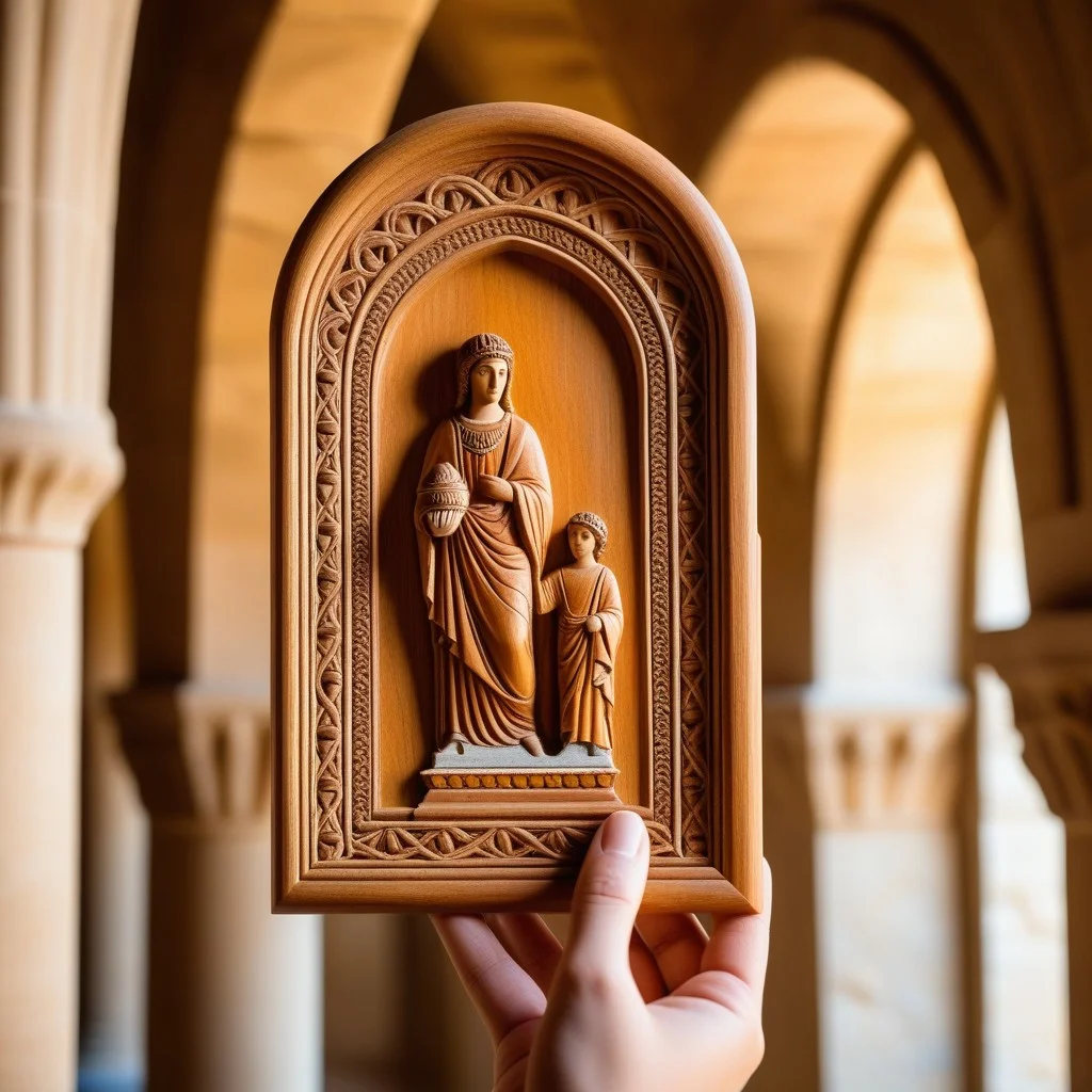 A detailed shot of a hand holding a small, intricate wooden panel with a painted Romanesque figure, set against a blurred background of stone arches and soft, contemplative gallery lighting, emphasizing texture and craftsmanship.