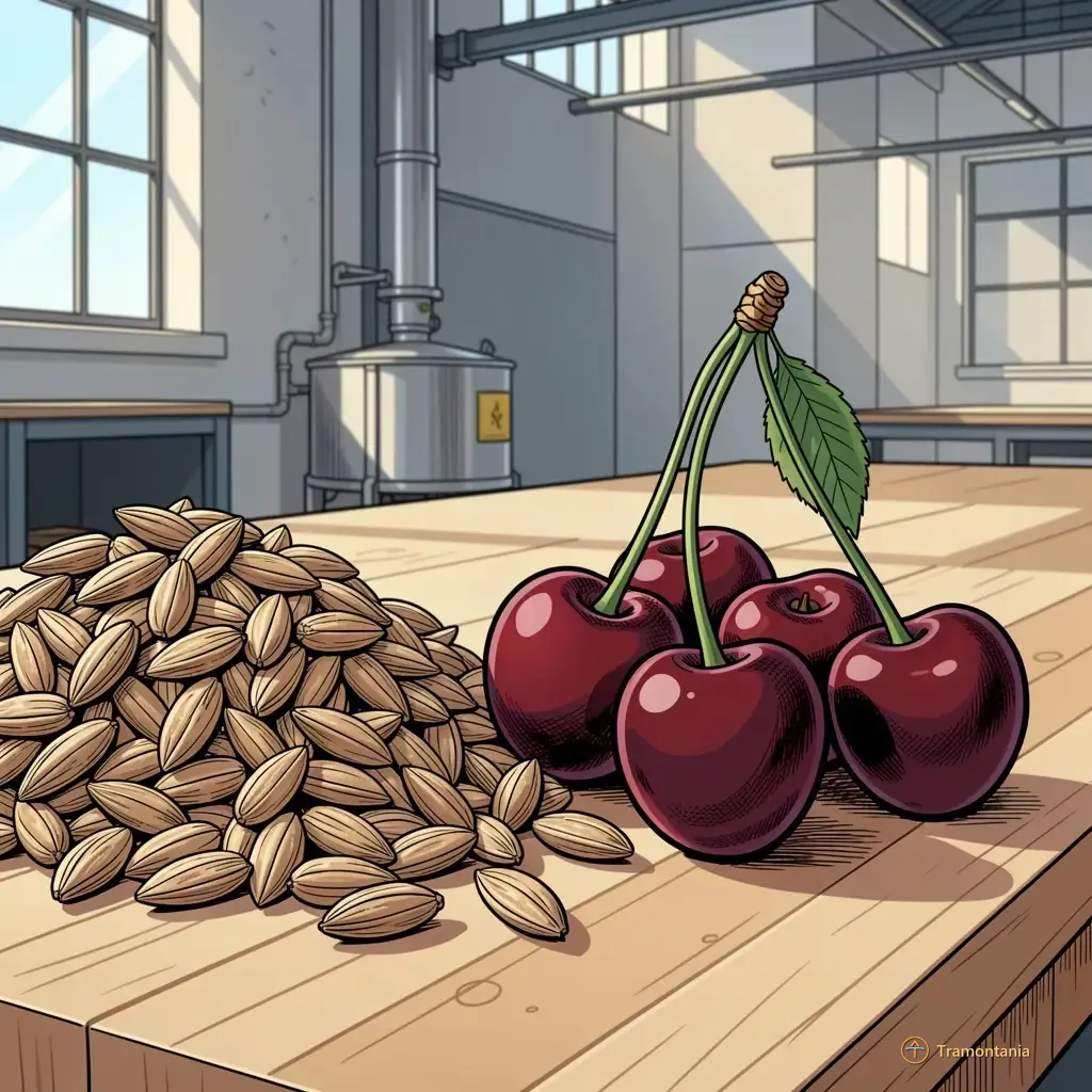Le blé malté et les cerises locales fraîches sont disposés sur un établi en bois propre au sein d'un environnement industriel