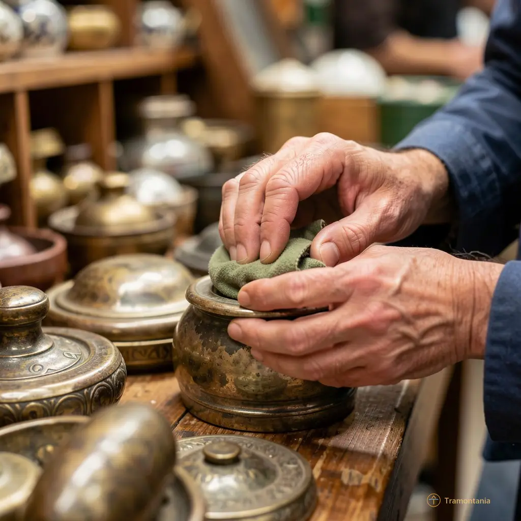 gros plan sur les mains d'un vendeur polissant un objet ancien ou vérifiant la qualité d'une marchandise