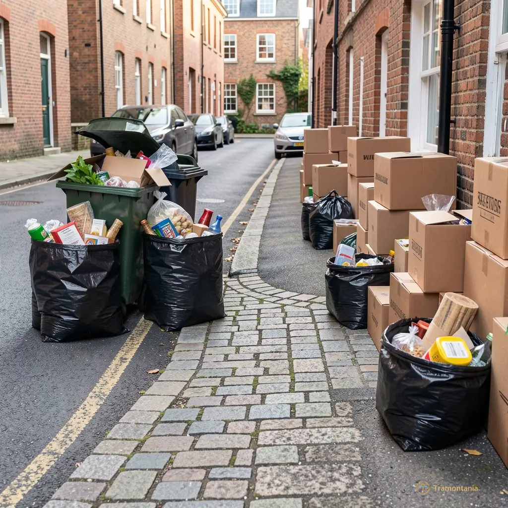 détail du sol pavé ou goudronné bordant la rue avec des sacs poubelles remplis de dons et des cartons empilés