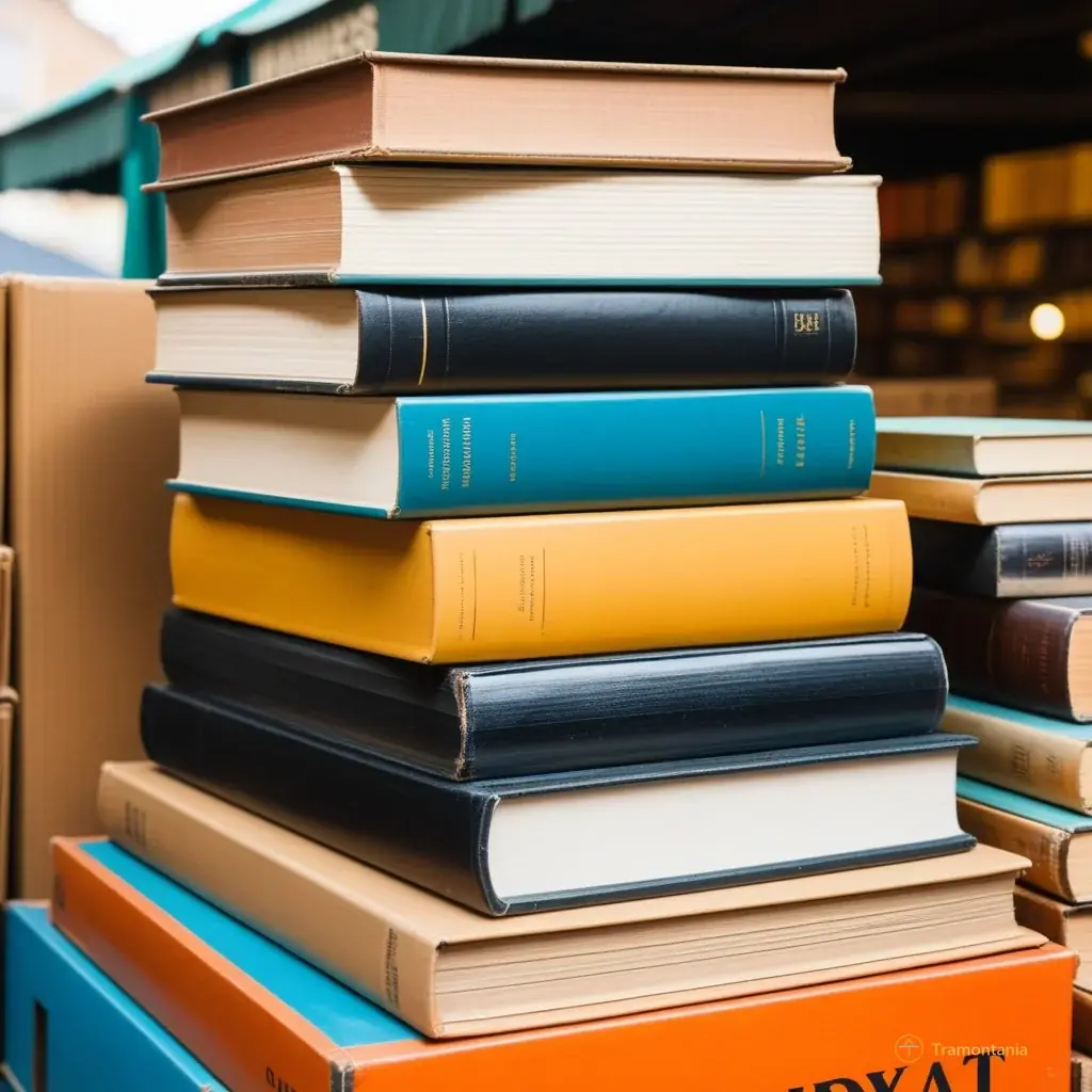Close-up of a stack of vintage vinyl records and old hardcover books with faded spines sitting on top of cardboard boxes at the market stall.