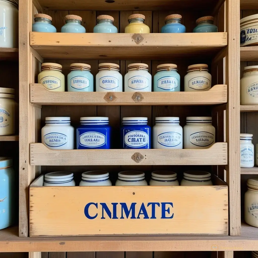 Detail shot of a rustic wooden crate filled with assorted vintage ceramic jars and enamelware signs showing faded colors.