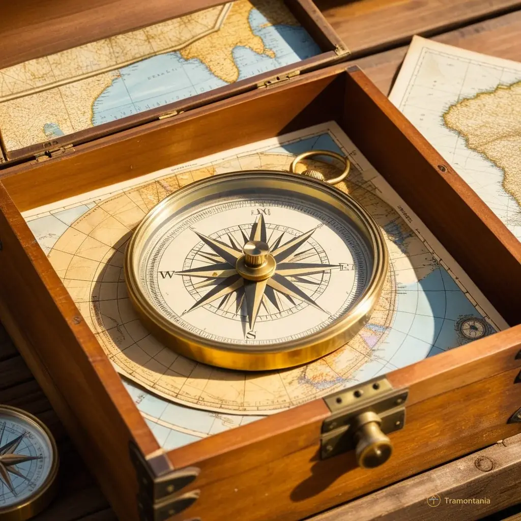 Close-up of a vintage brass compass and old maritime maps spread out on a wooden crate at the market stall, detailed texture showing wear and tear, warm natural lighting highlighting the objects