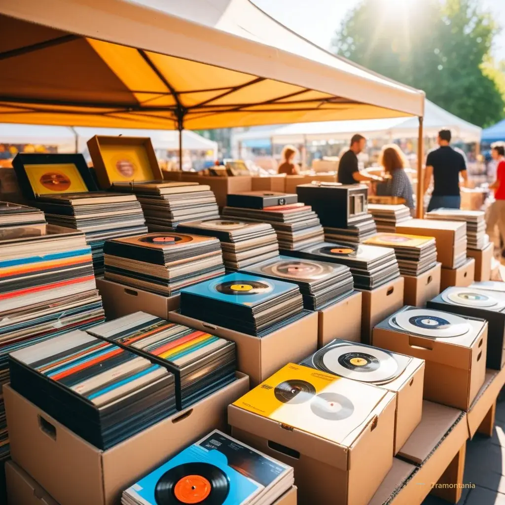 Medium shot of a vendor stall displaying stacks of vintage vinyl records and old toys on cardboard boxes at the outdoor market, inviting atmosphere with soft sunlight filtering through