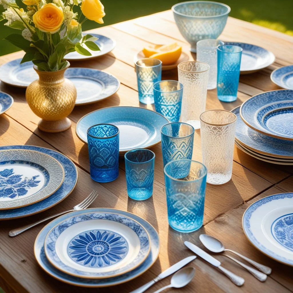 A close-up of a weathered wooden table displaying an assortment of vintage glassware and porcelain plates with intricate blue patterns, bathed in warm golden hour light that highlights the textures.
