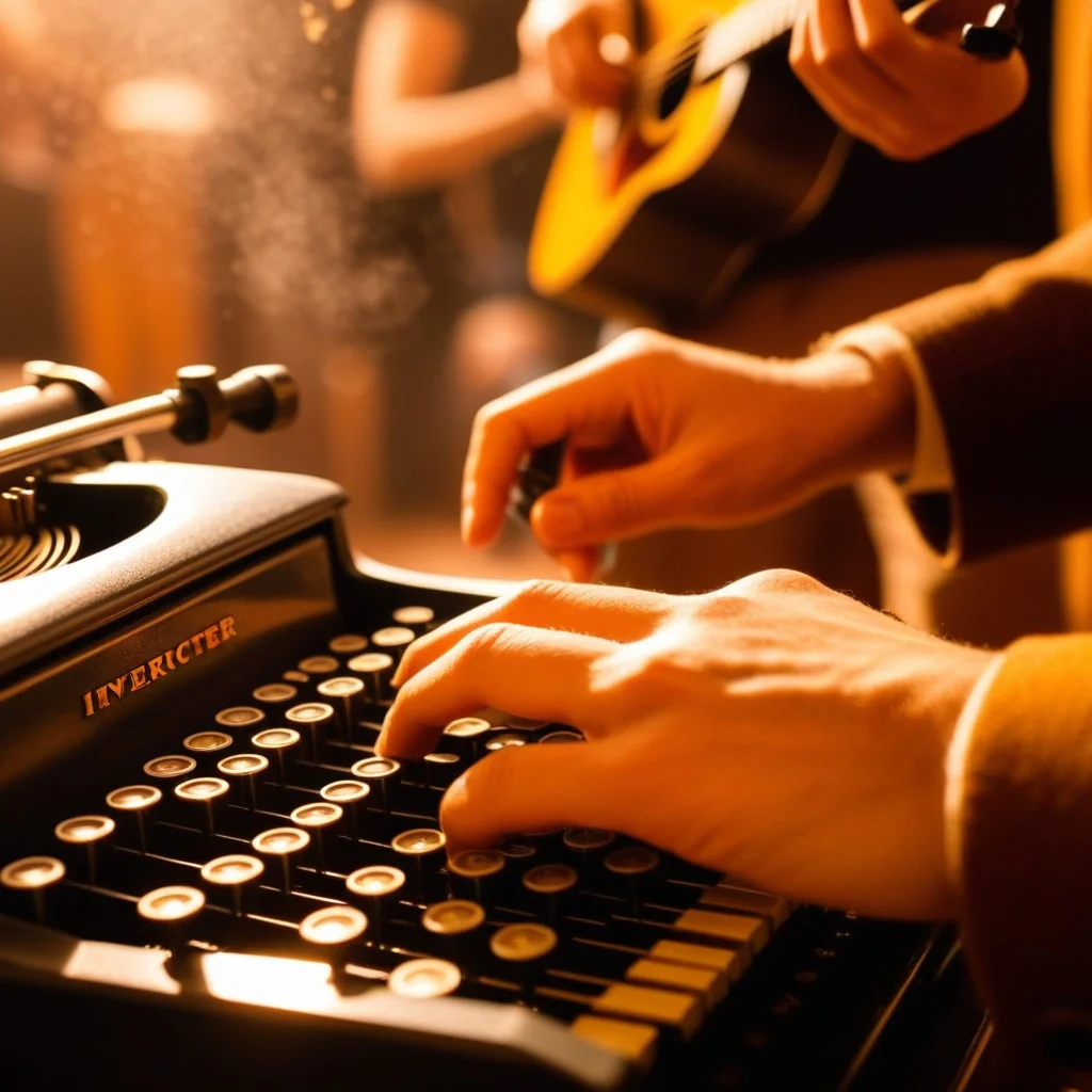 Close-up of hands on a vintage typewriter intercut with fingers on guitar strings, warm amber lighting highlighting dust particles in the air, a blurred background of a crowded room with people laughing, capturing the tactile connection between words and music.